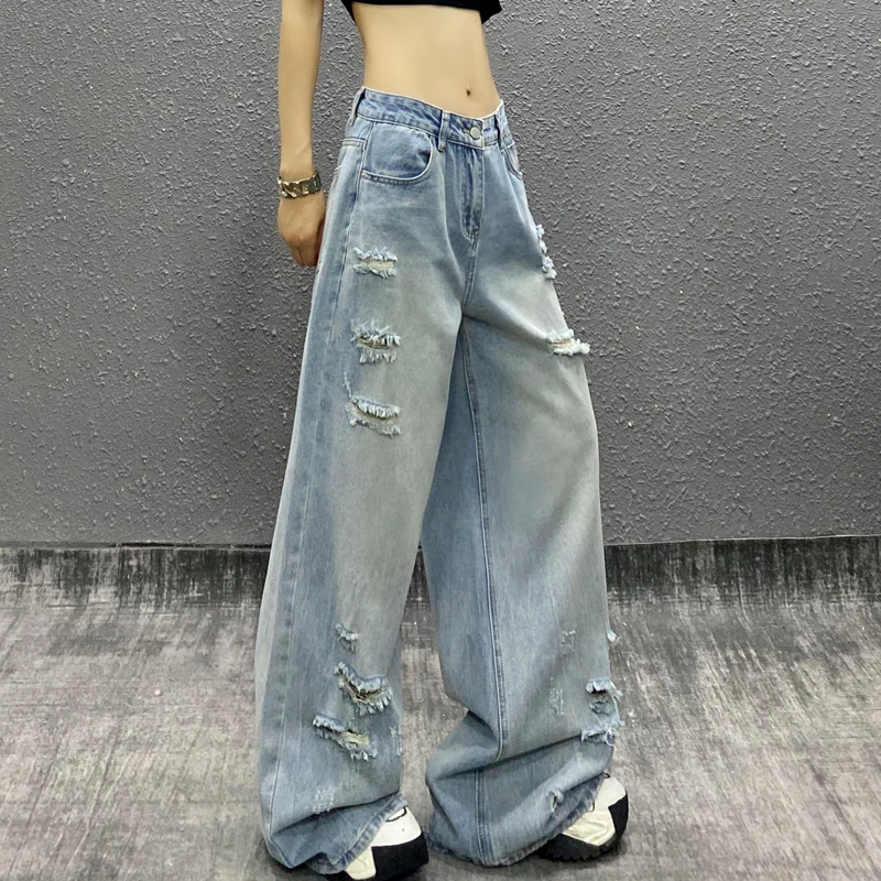 破洞垂感蓝色牛仔裤女2025夏新款帅气高腰宽松显瘦百搭直筒阔腿潮