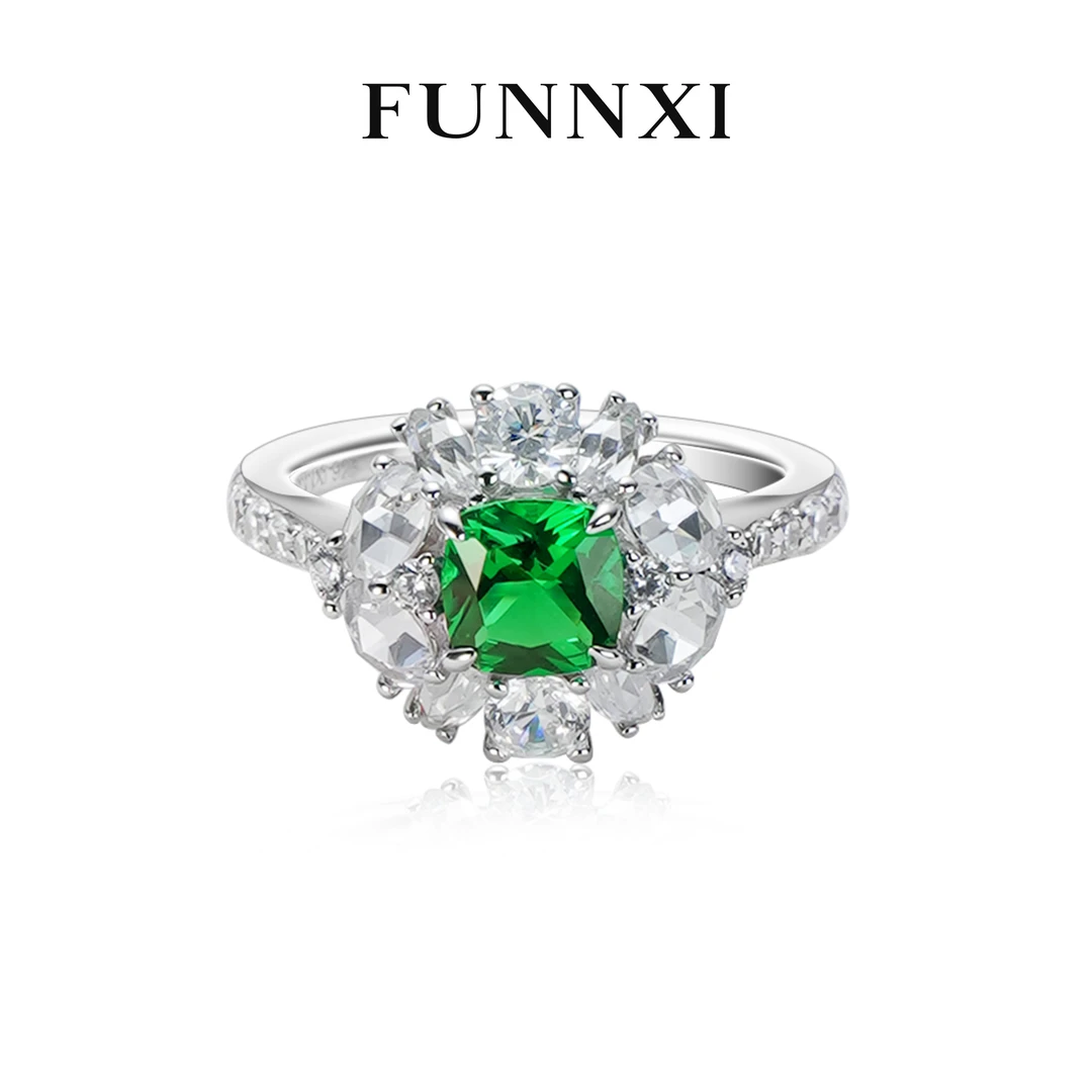 FUNNXI 925银合成锆石戒指 【玲珑】绿色 经典简约个性百搭满钻戒指