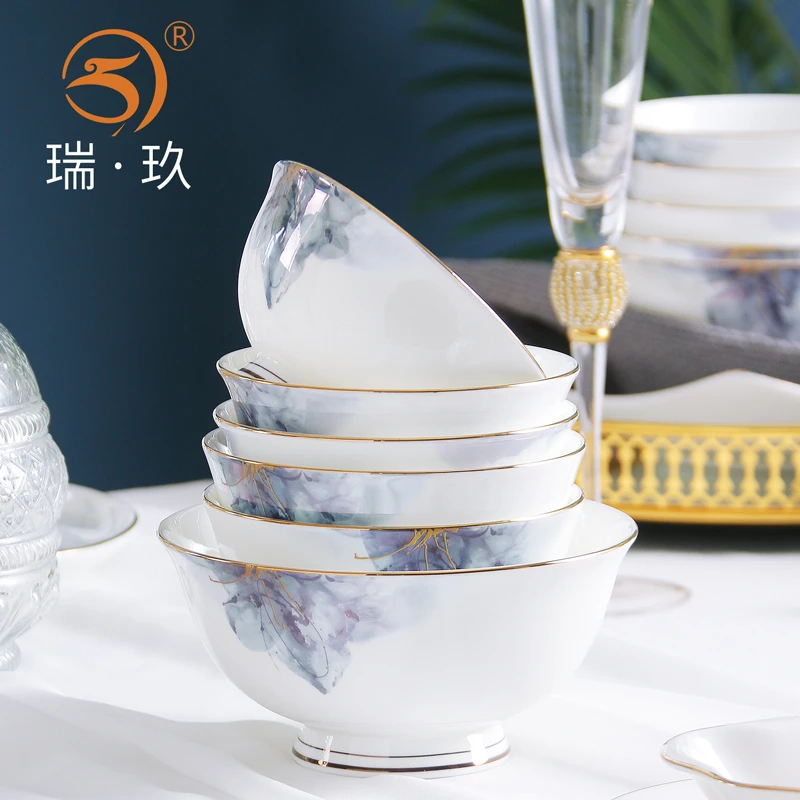 瑞玖骨瓷碗套装家用4.5-6英寸小碗米饭碗高脚大碗面防烫吃饭碗