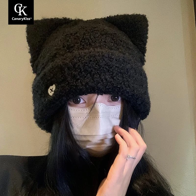 CanaryKiss可爱毛绒猫耳毛线帽女秋冬季大头围保暖针织帽护耳冷帽