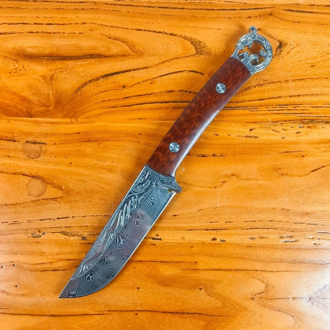 华夏之锋无芯大马士革户外刀 花纹钢登山露营小直刀户外生存刀具