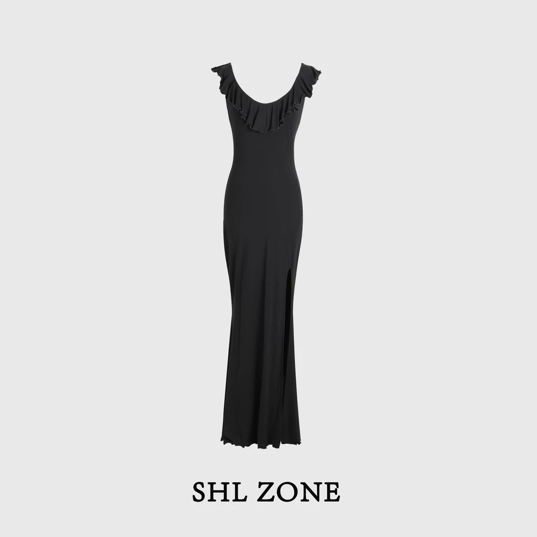 舒胡蕾 浪漫限定 长款连衣裙气质时尚夏季黑色修身无袖设计师收腰