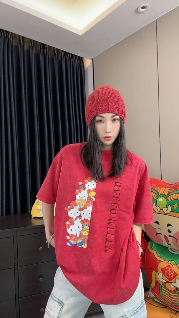 【劉發發】W468【开门红T恤】新款韩版百搭时尚红色休闲高级圆领T恤