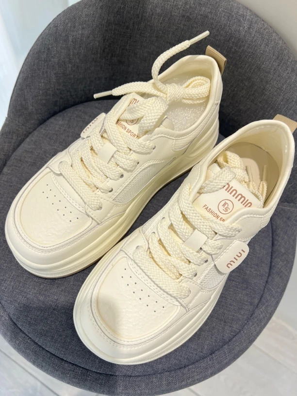 时尚运动休闲百搭夏季透气真皮半网厚底圆头小白鞋