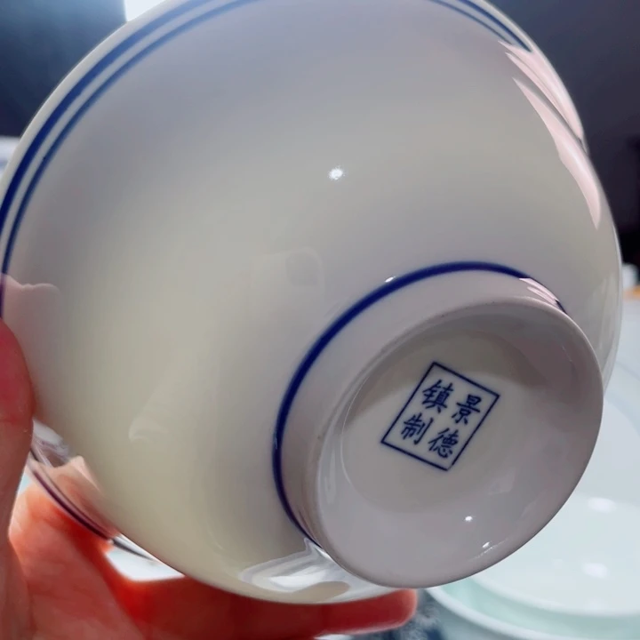 青花玲珑6寸面碗手绘蓝边