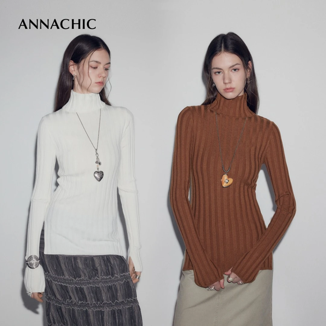 ANNACHIC时髦基础_高领后开叉坑条针织衫女_修身打底衫/毛衣/上衣