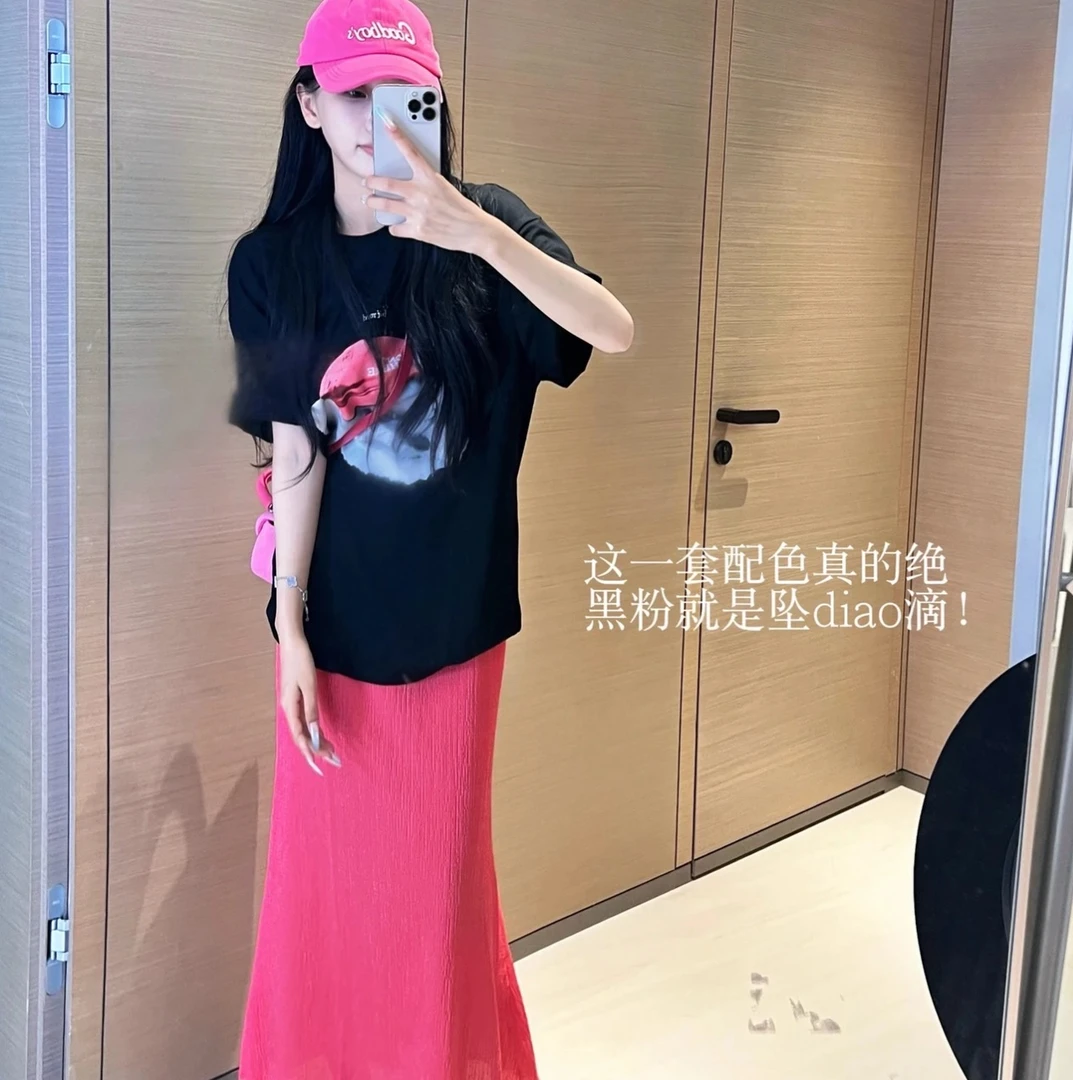 天一~比熊印花T恤肌理感高腰半裙大码休闲时尚韩系穿搭套装459874