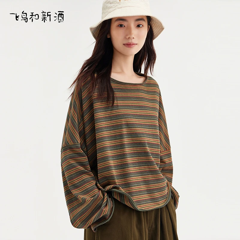 【小元】飞鸟和新酒条纹长袖T恤显瘦短款休闲圆领上衣FD450091045