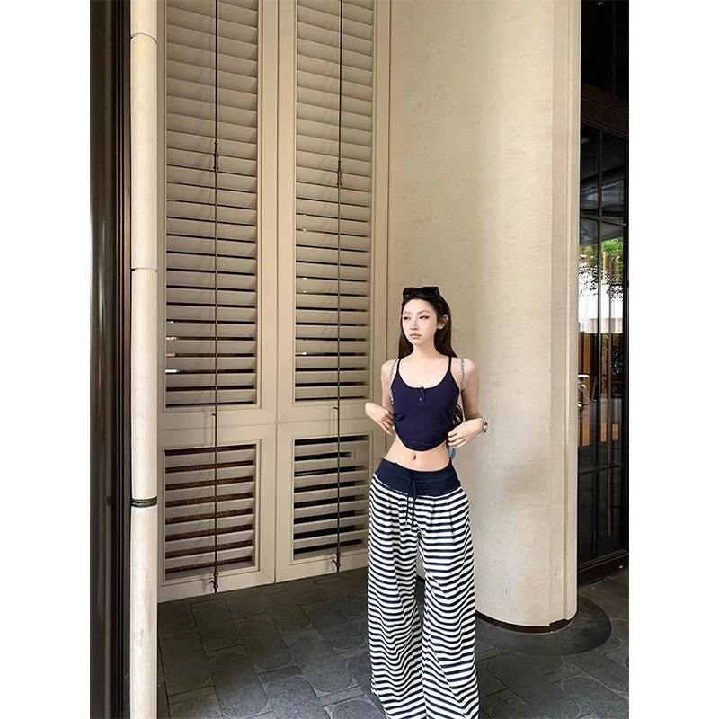 法式纯欲慵懒风女装时尚吊带背心夏季新款高腰条纹垂感阔腿裤套装
