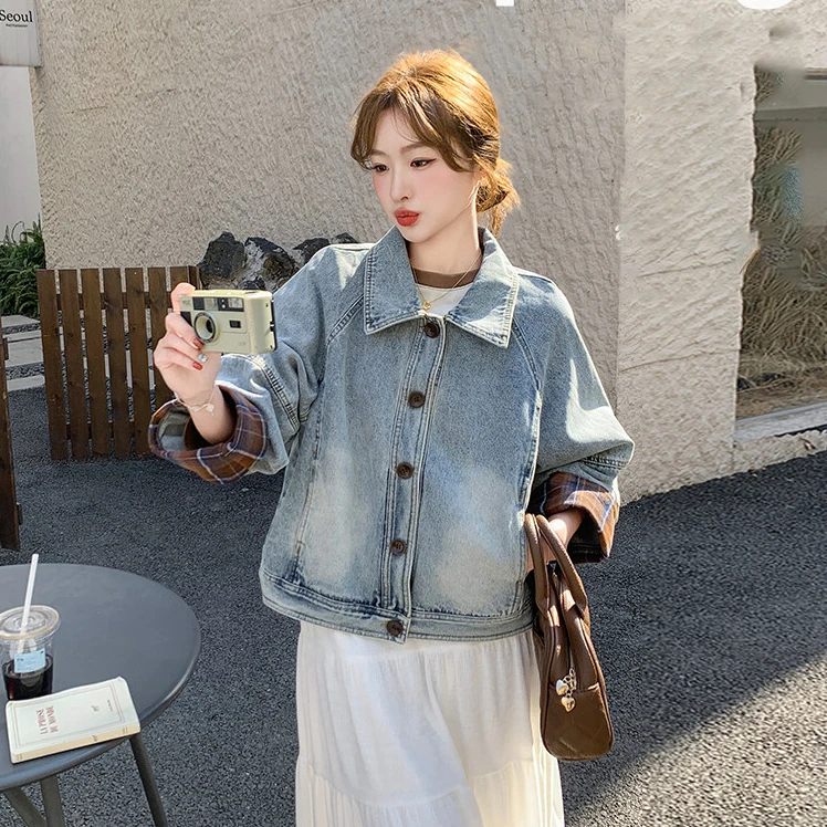 港风复古格子拼接浅色牛仔外套女2025春季新款宽松小个子夹克上衣