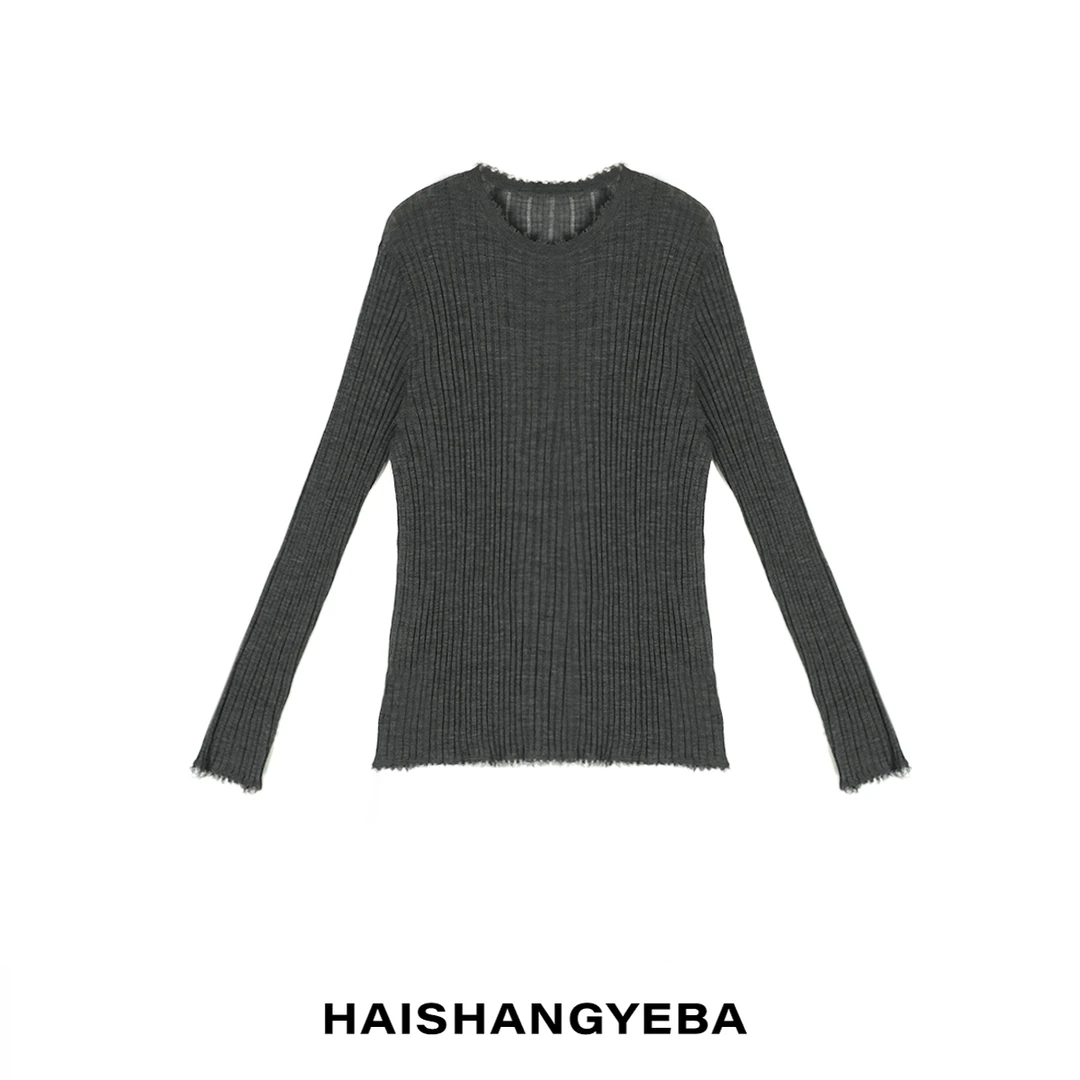 【海上叶爸】新款2025春秋百搭绵羊毛休闲毛边针织打底衫