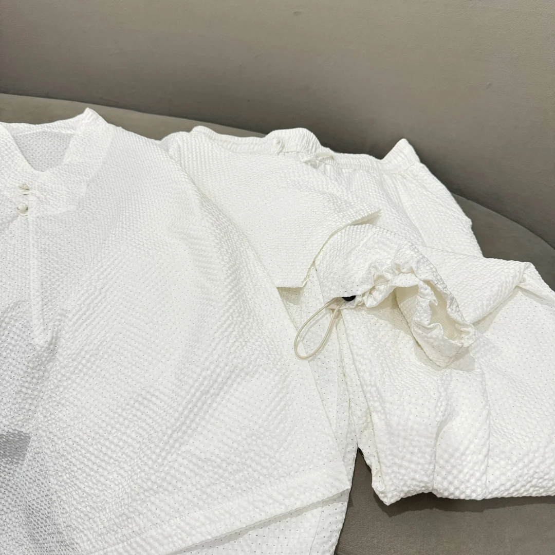 夏季休闲新中式镂空透气短袖体恤套装男士潮牌INS简约长裤两件套