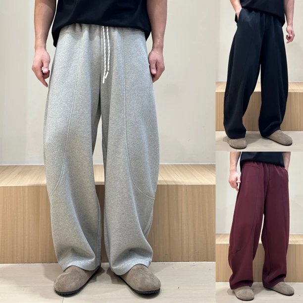 免烫长裤中腰男士高街拼接休闲裤宽松阔腿裤秋季运动裤男纯色卫裤