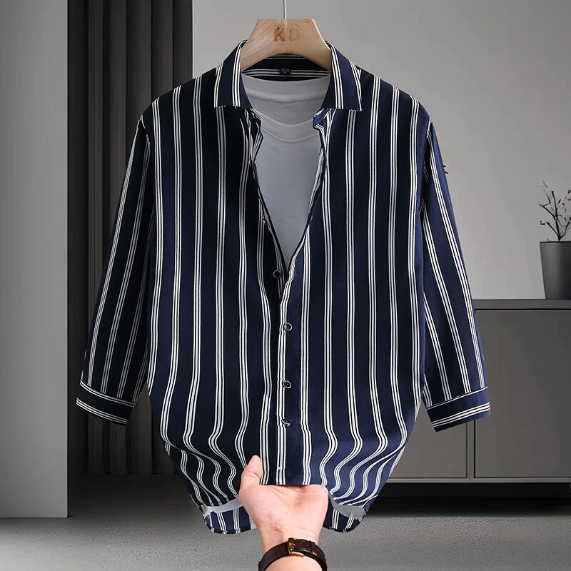 夏季男士条纹衬衫外套帅气翻领薄夹克潮流百搭时尚翻领韩版上衣15