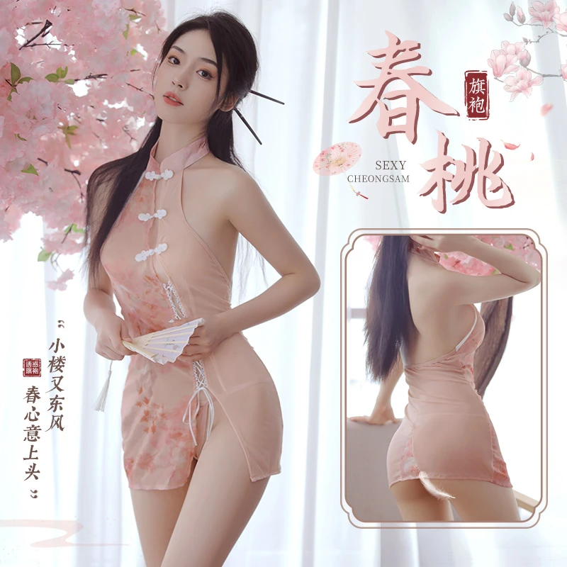 襟印花透纱旗袍性感旗袍修身制服古风睡裙