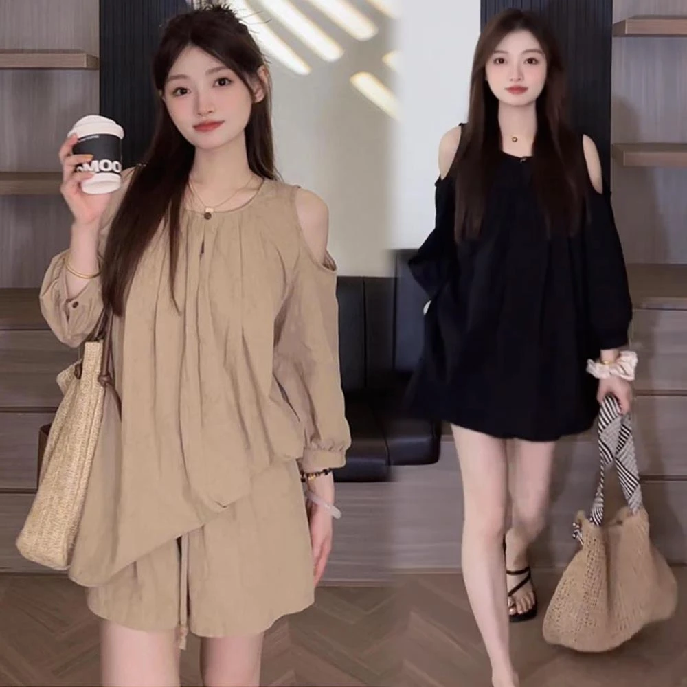 大码女装法式设计感小众露肩衬衫夏季新款宽松上衣显瘦阔腿短裤