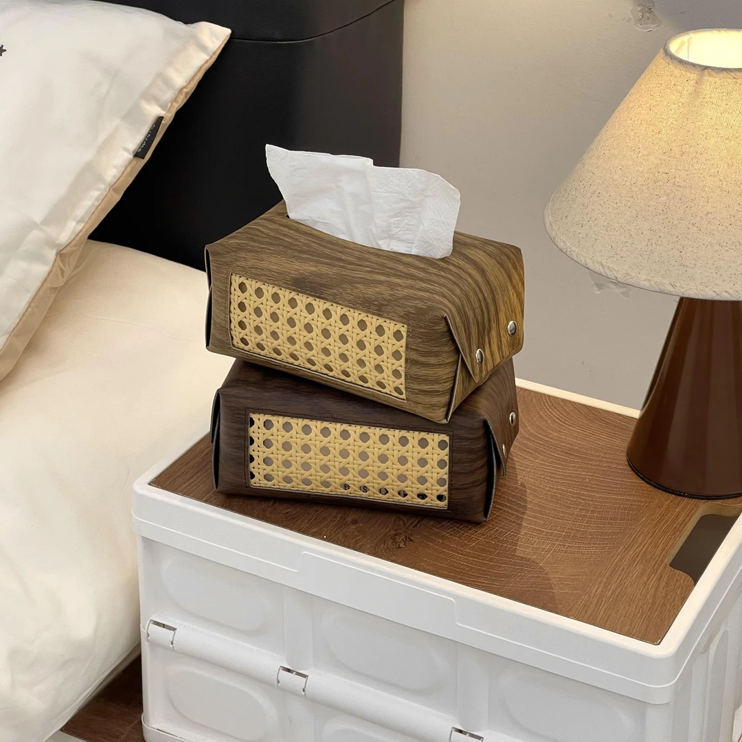 中古风纸巾盒编织镂空抽纸盒皮质纸巾收纳盒子高级感桌面装饰摆件