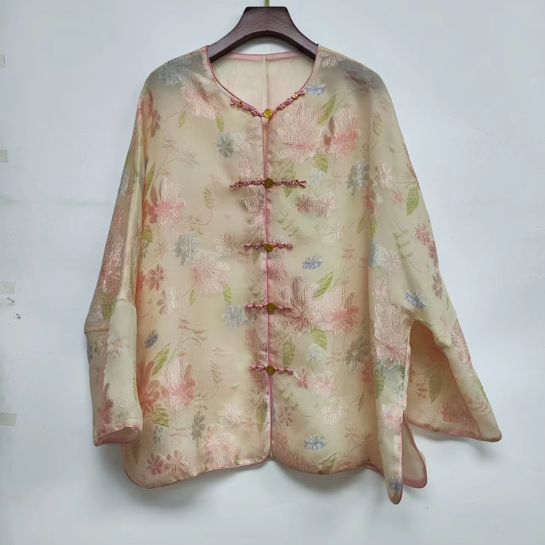 元始华风粉色真丝绡小花刺绣短外套-Y