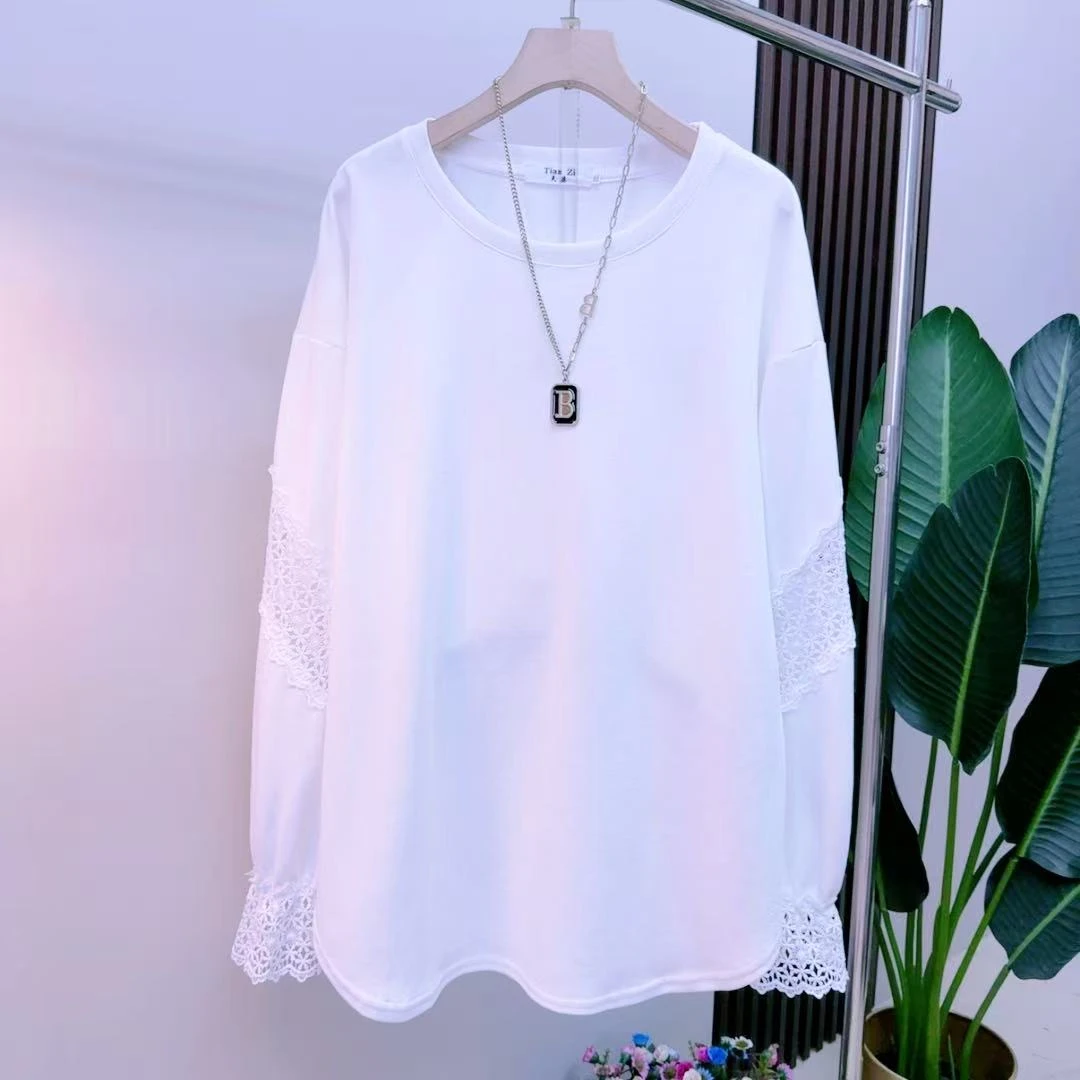 胖mm欧货时尚气质显瘦遮肉长袖早2169圆领宽松百搭潮流女人衫