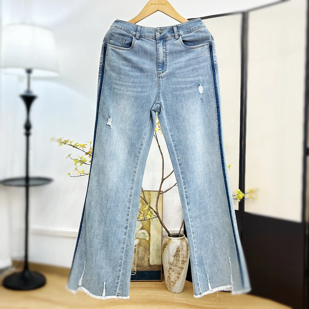 【萨拉迪恩】 蓝色显瘦直筒水洗牛仔裤女休闲百搭长裤子毛边微喇
