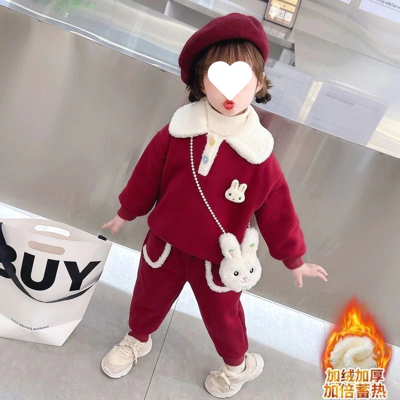女童冬装加绒翻领卫衣卫裤两件套2025新款一体绒韩版时髦运动套装