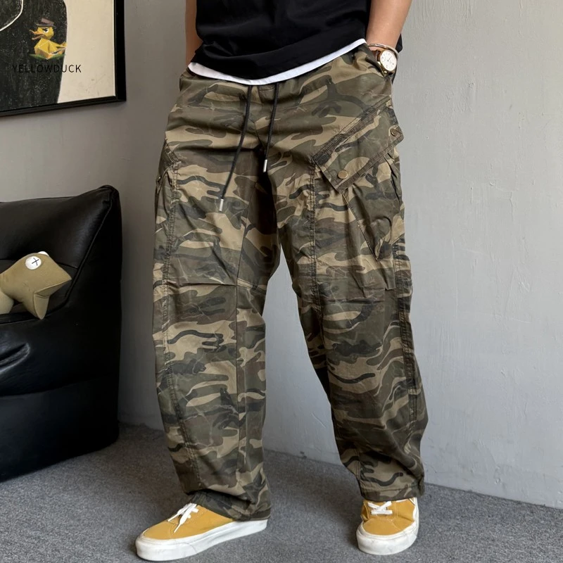 春夏季美式休闲复古大口袋迷彩工装裤男直筒宽松抽绳阔腿裤子薄款