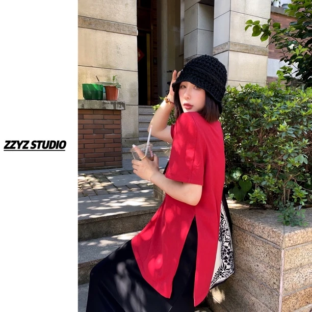 【ZZYZ】“斜摆活力”ins极简夏季透气垫肩宽松薄款设计感开叉T恤