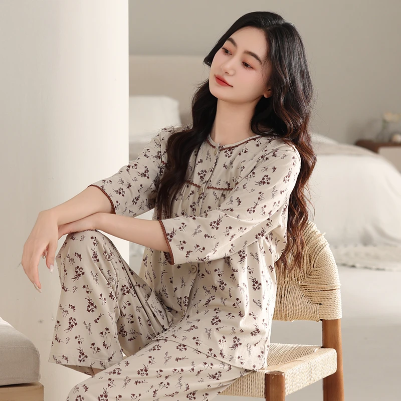 睡衣女夏季女款爆款2025新款七分袖长裤套装大码春秋可外穿家居服