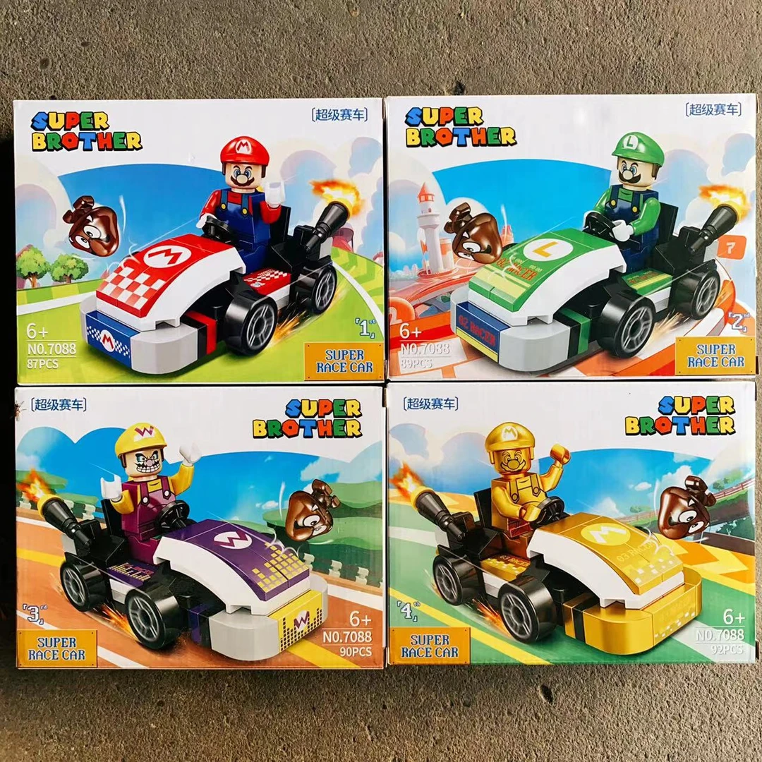 7088超级玛丽马里奥路易吉瓦里奥赛车卡丁车男孩益智拼装积木玩具