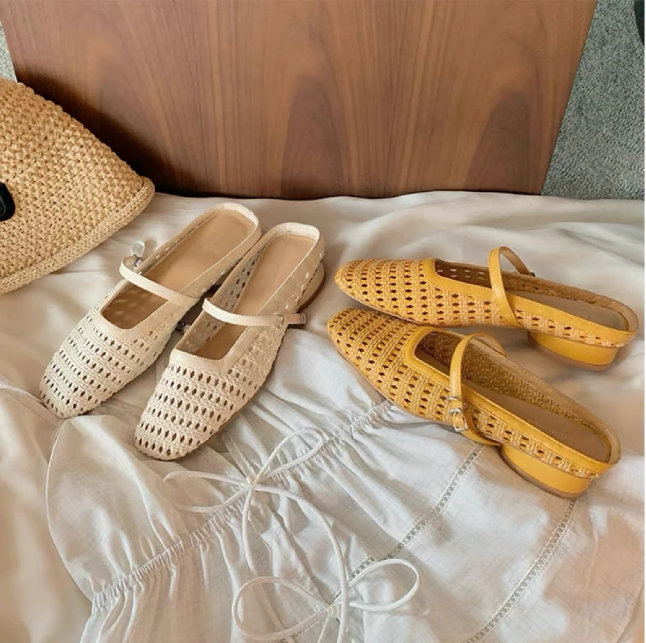 2025款复古编织镂空方头一字带凉鞋粗跟舒适时尚透气女夏包头拖鞋