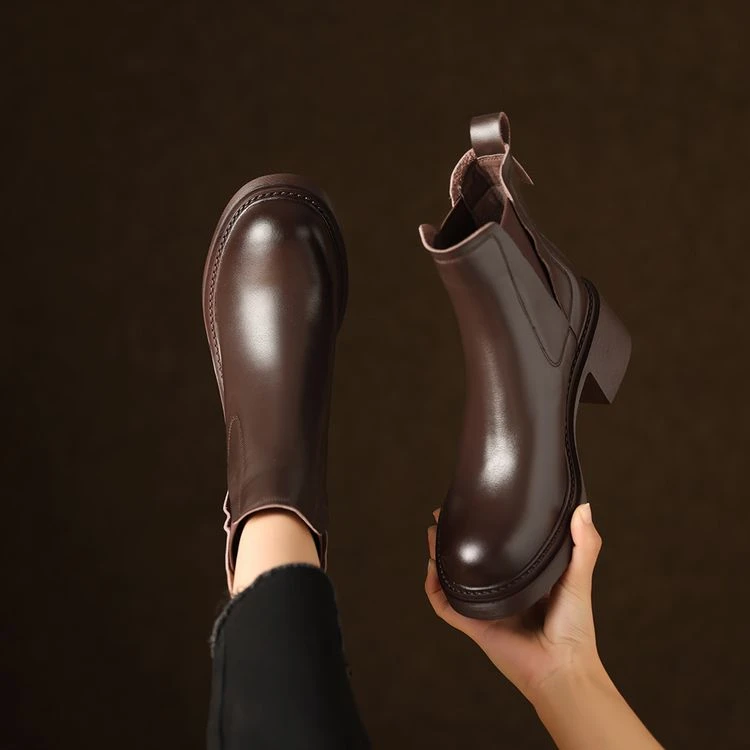 羊皮~6cm复古真皮秋冬新款粗跟厚底简约舒适通勤日常圆头中跟短靴