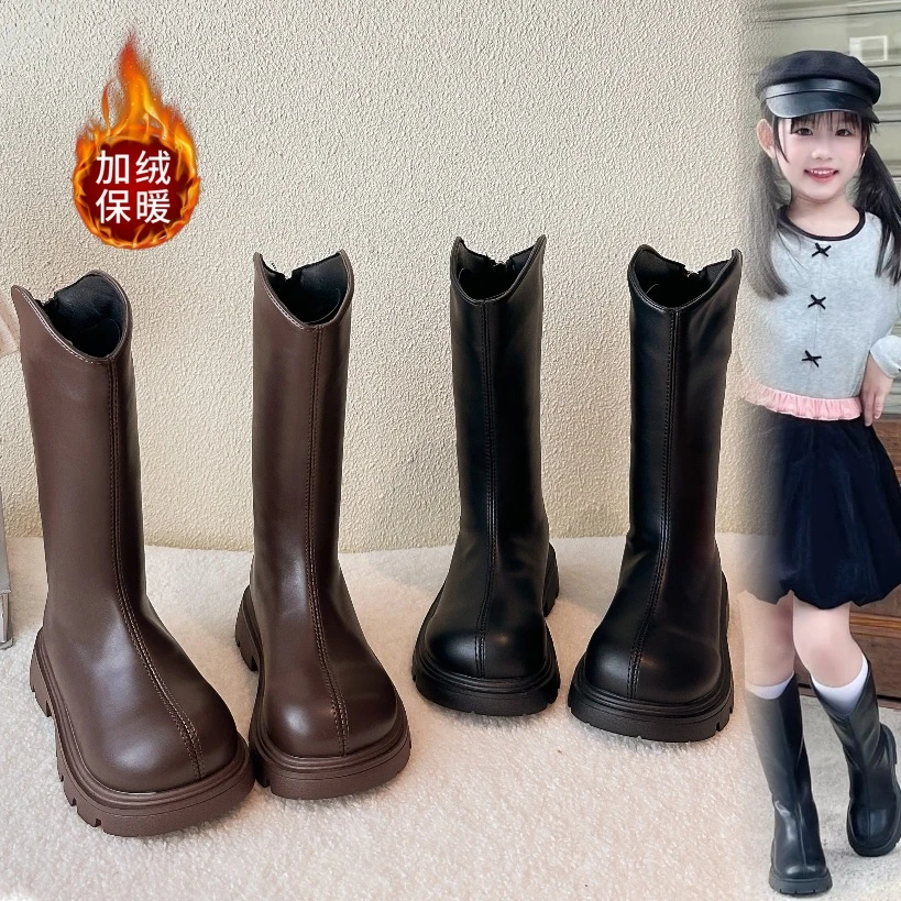 长筒靴女童冬款小女孩加棉高筒靴英伦风骑士靴秋冬季加绒显瘦百搭