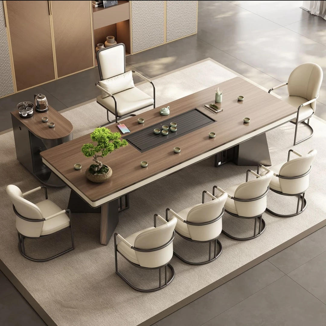 双十一茶台2025新款木纹岩板茶台高档大气办公室茶桌椅组合一整套