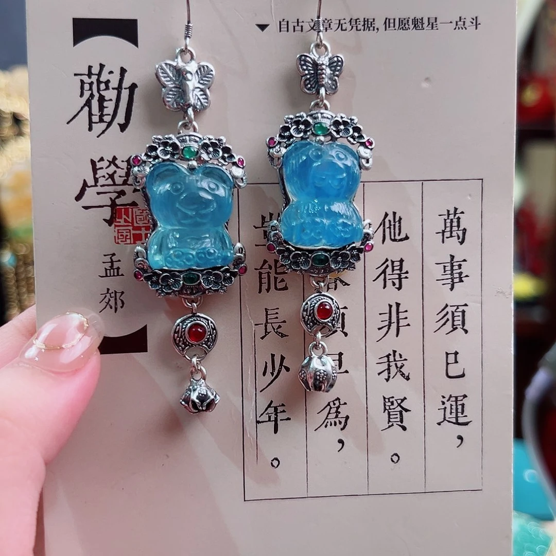 珐琅925银复古台湾工海蓝耳环