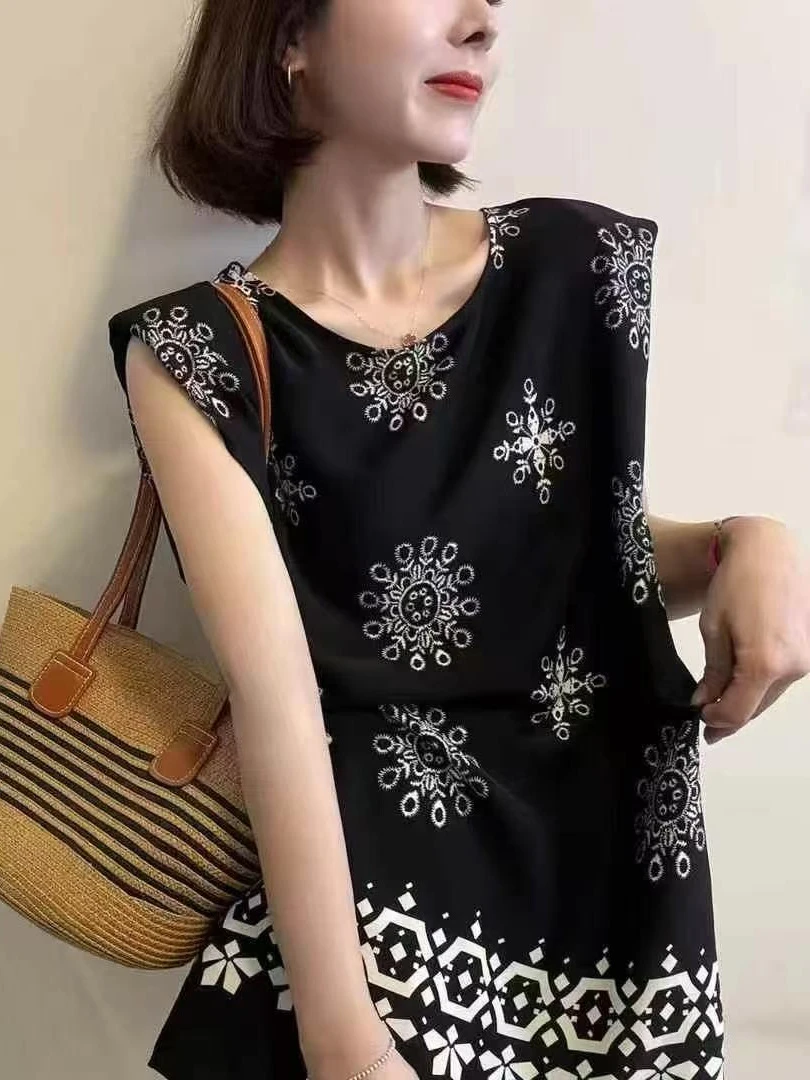小众设计感宽松无袖印花衬衫女夏季时尚休闲显瘦上衣