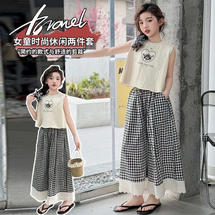 女童夏装洋气无袖套装2025新款夏季中大童时髦长款阔腿裤两件套