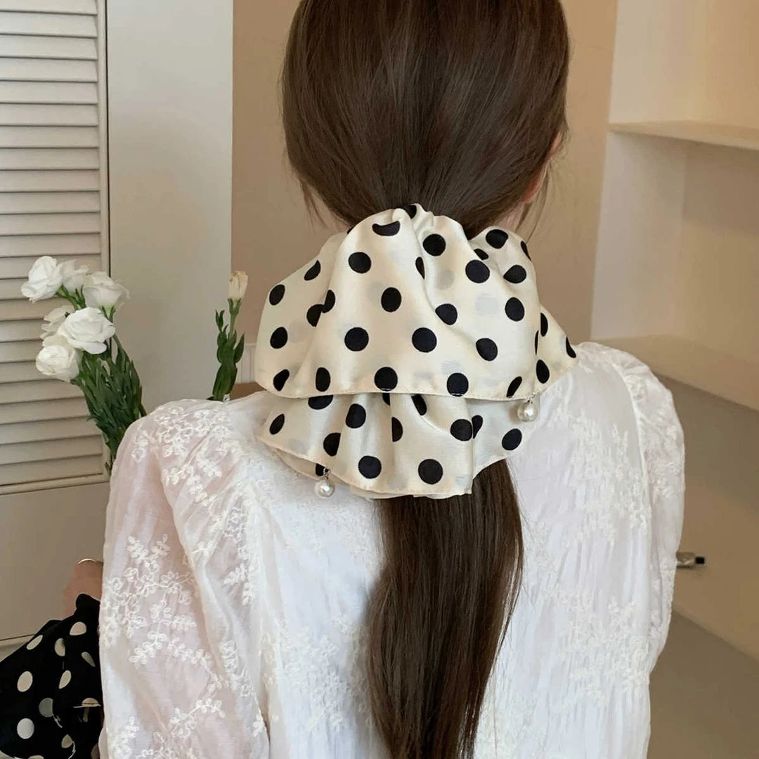 超大号波点缎面发圈头绳高级感珍珠吊坠大肠圈发绳优雅低马尾皮筋