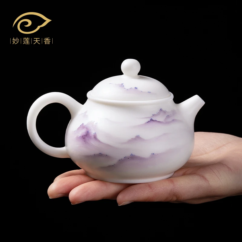 妙莲天香手绘精美羊脂玉瓷潘壶高档家用陶瓷茶具纯手工泡茶壶单壶