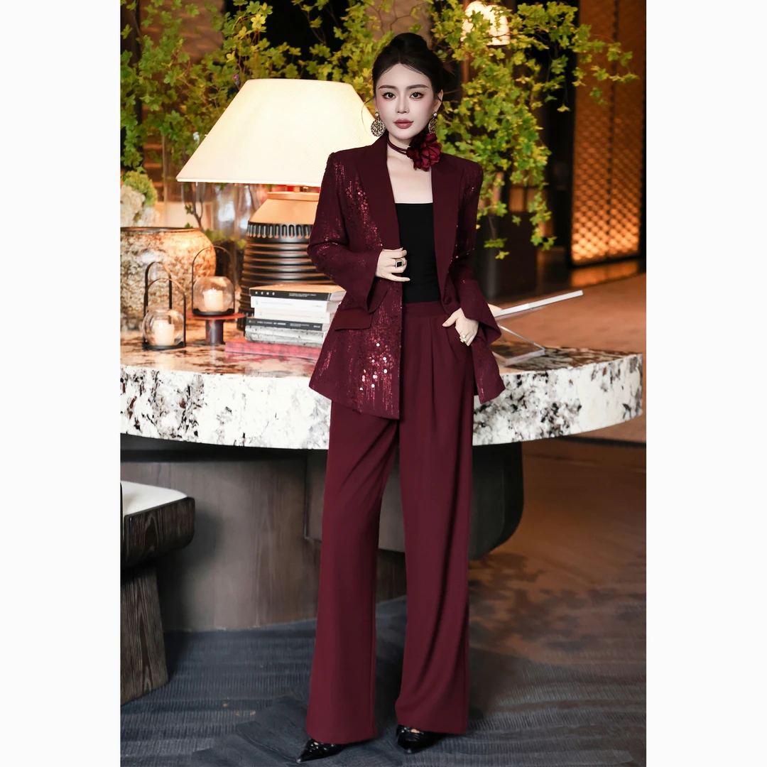 ZEROYK御姐风时尚套装高端重工亮片花朵收腰西服长裤两件套