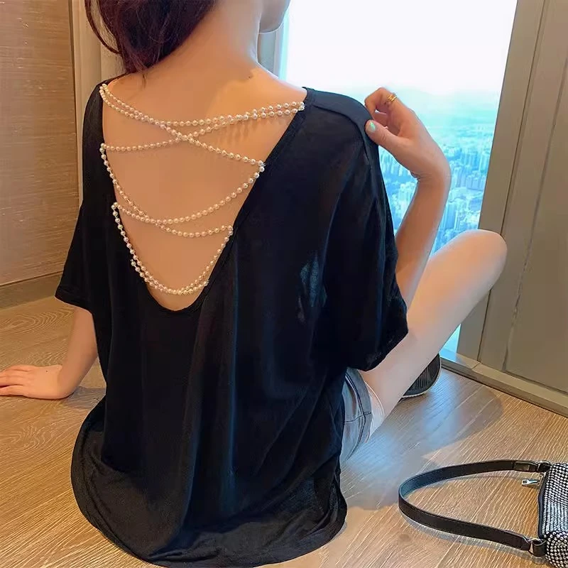 露背上衣女春夏2025薄款设计感心机网红后背珍珠镂空宽松t恤ins潮