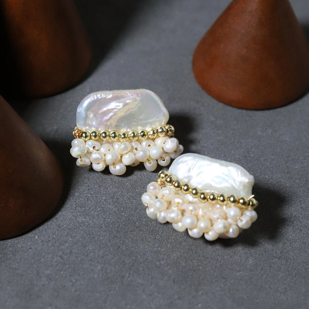 巴洛克天然淡水异形珍珠小众原创设计感轻奢气质几何耳钉