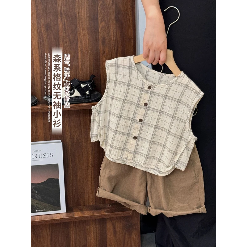 《夏上新》森系文艺范童装男女儿童棉麻上衣娃娃衫无袖T恤25XL1258