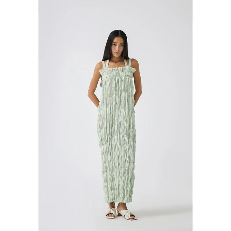 HERLAND她地【腐竹】优雅气质褶皱吊带连衣裙女设计感轻柔夏日长裙