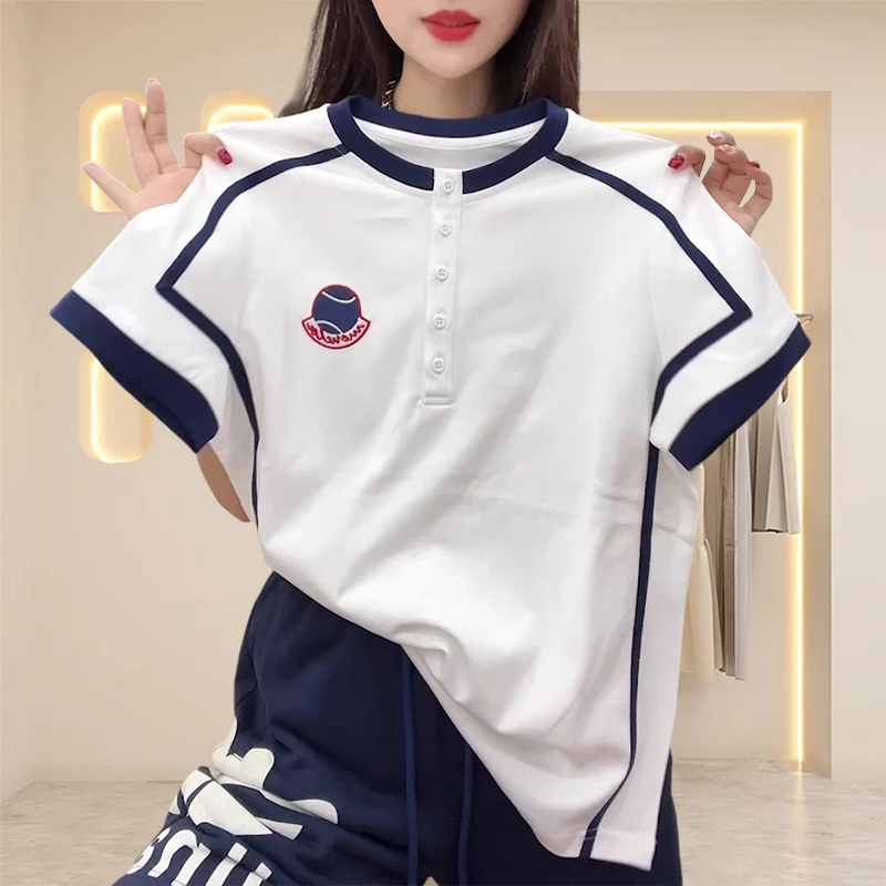 今年新款ins夏季休闲大t恤女时尚简约百搭半开领短袖撞色上衣女