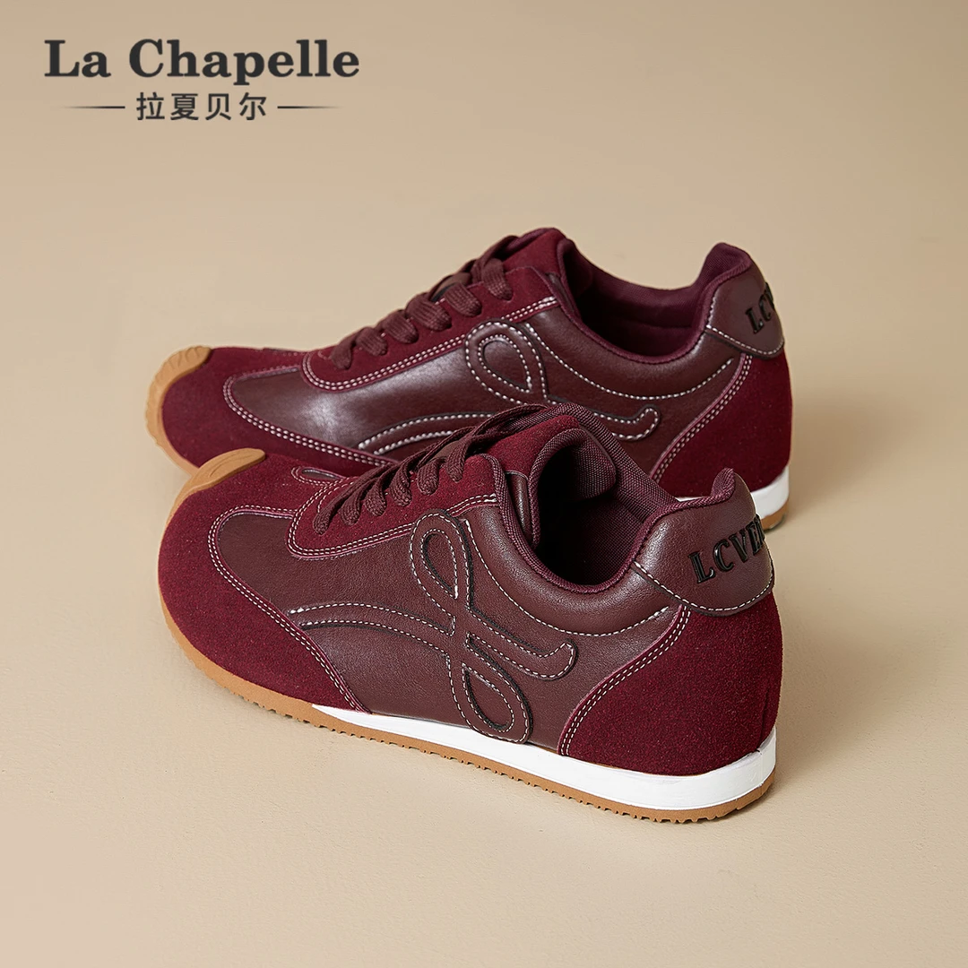 拉夏贝尔复古红色德训鞋女2025新款冬季内增高百搭运动休闲阿甘鞋