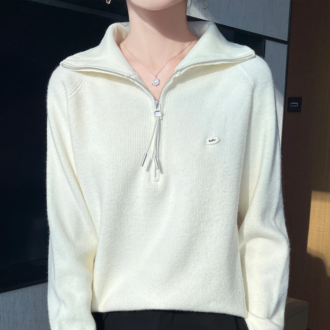 正品哥弟新款秋冬半开拉链高领针织衫气质翻领百搭宽松显瘦打底衫