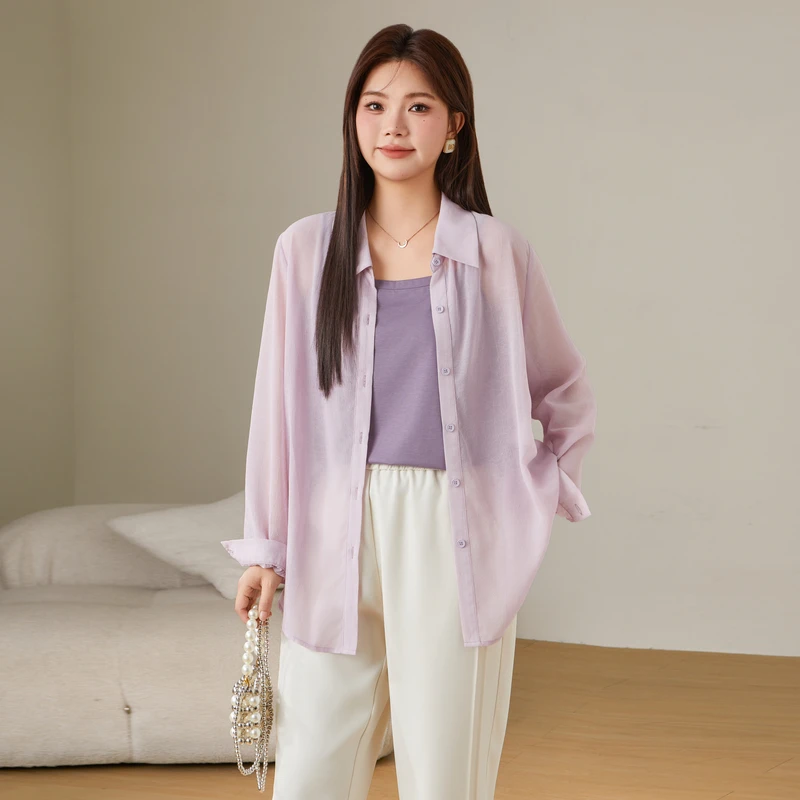 采多宝大码女装休闲百搭后背开衩雪纺防晒衫 ECA2661