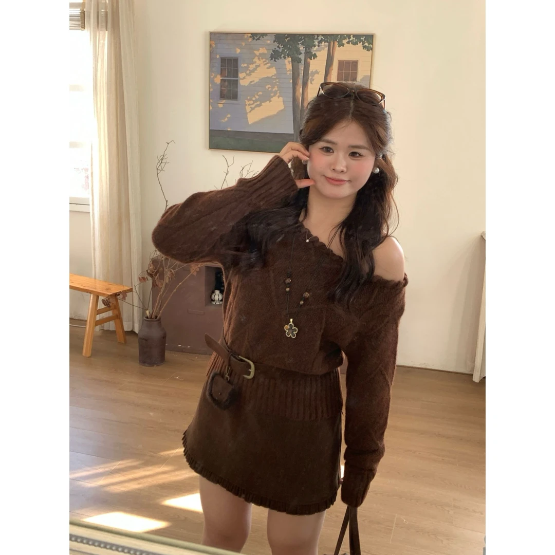 【中古少女】大头婷微胖定制秋冬慵懒感复古斜肩菱格毛衣 L8571