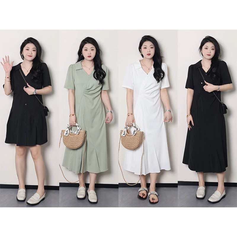 QC李潇洒【黑天鹅】微胖大码女夏气质V领褶皱连衣裙 ZY205Q119/Q120