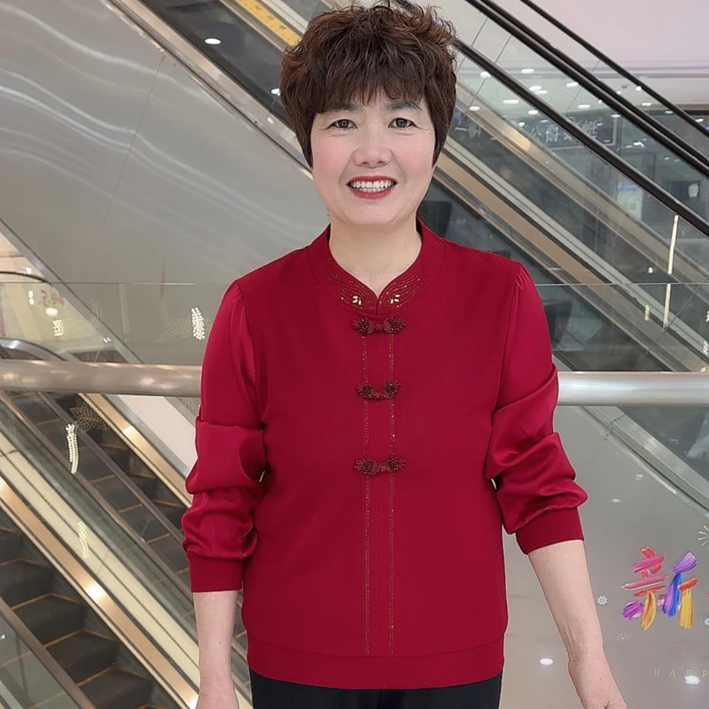 8803 春季中老年洋气妈妈装中式复古拼接休闲百搭长袖上衣